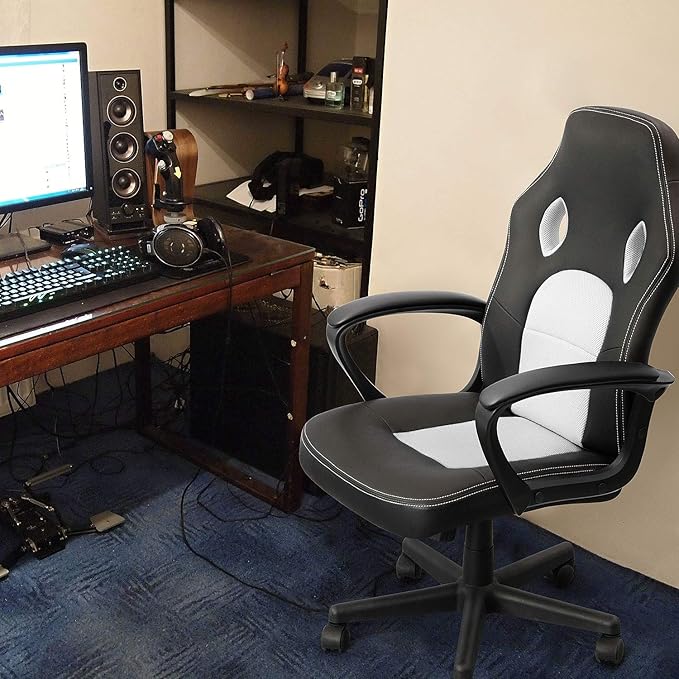 Furmax Office Chair Desk Chair Leather Gaming Chair Computer Chair Racing Style Ergonomic Adjustable Swivel Task Chair with Lumbar Support and Arms (White)