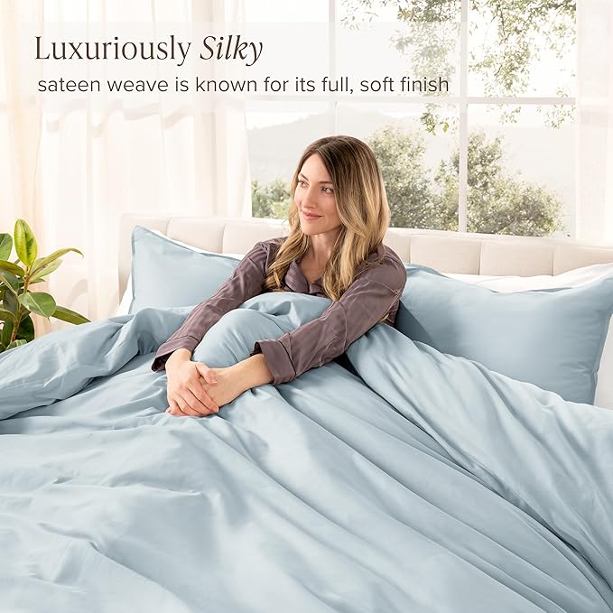 Bare Home 100% Organic Cotton Sateen Duvet Cover Set - Twin/Twin Extra Long - 400 Thread Count - Smooth Sateen Weave - Warm & Luxurious - Duvet Cover (Twin/Twin XL, Winter Blue)