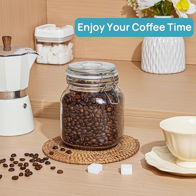 Vtopmart 34oz Glass Food Storage Jars with Airtight Clamp Lids, 3 Pack Kitchen Canisters for Flour, Cereal, Coffee, Pasta and Canning, Square Mason Jar with 8 Chalkboard Labels