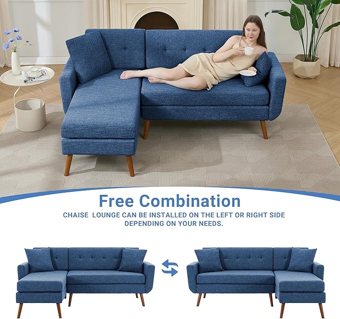 Tbfit L Shaped Couch Sofa, 80" W Mid-Century Modern Sectional Couches, 3 Seater Sofas with Wide Chaise Lounge & Two Pillows,Button Tufted Upholstered Sectional Sofa for Living Room, Bedroom, Blue