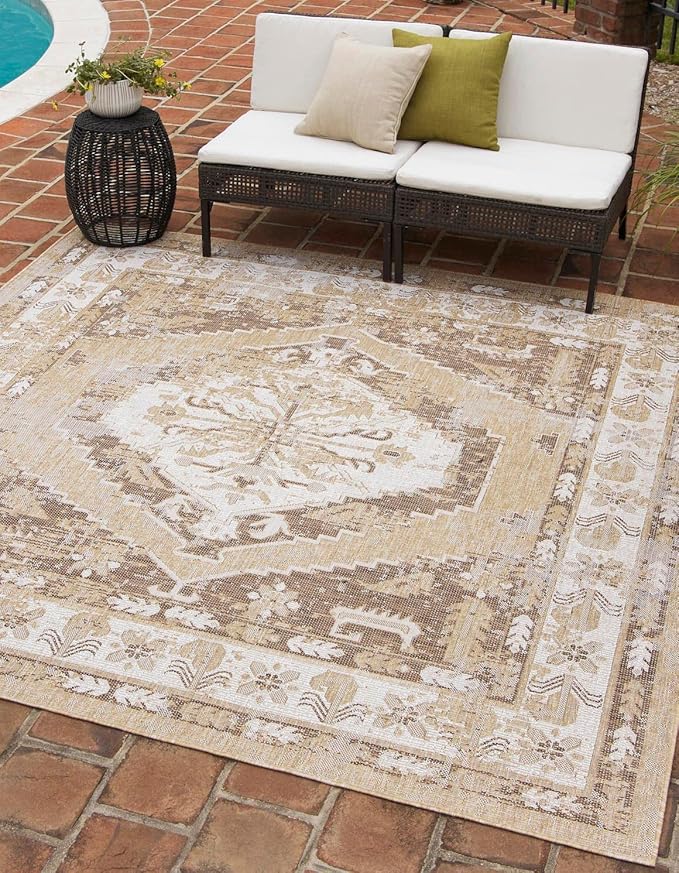 Unique Loom Outdoor Traditional Collection Area Rug - Valeria (10' Square, Natural/ Ivory)
