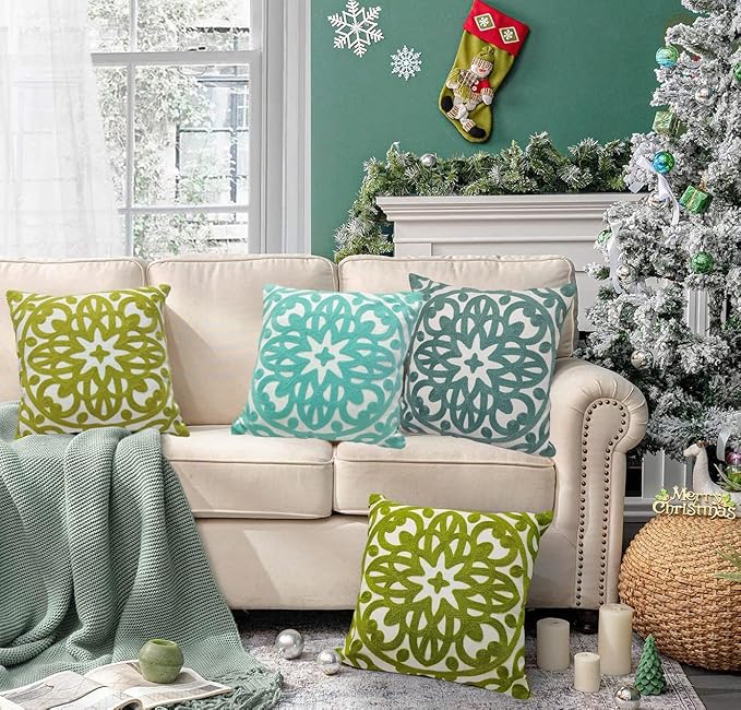 Alysheer Embroidered Decorative Throw Pillow Cover 18x18 inch, Cozy Cool Boho Mandala Chic Knit Pattern, Durable 100% Cotton Cushion Case for Sofa Couch Living Room Bedroom Office Gifts (Aqua Blue)