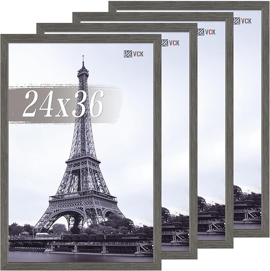 VCK 24x36 Poster Frame Set of 4 - Grey, Gallery-Quality Wood Picture Frames, 1.1-Inch Wide Border, Polished Plexiglass, Vertical or Horizontal Wall Display for Photo/Art/Prints, Grey