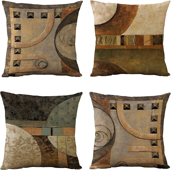 WOMHOPE Set of 4 Vintage Geometric Decorative Throw Pillow Covers Pillow Cases Cushion Cases 18 x 18 Inch for Living Room,Couch and Bed (Brown)