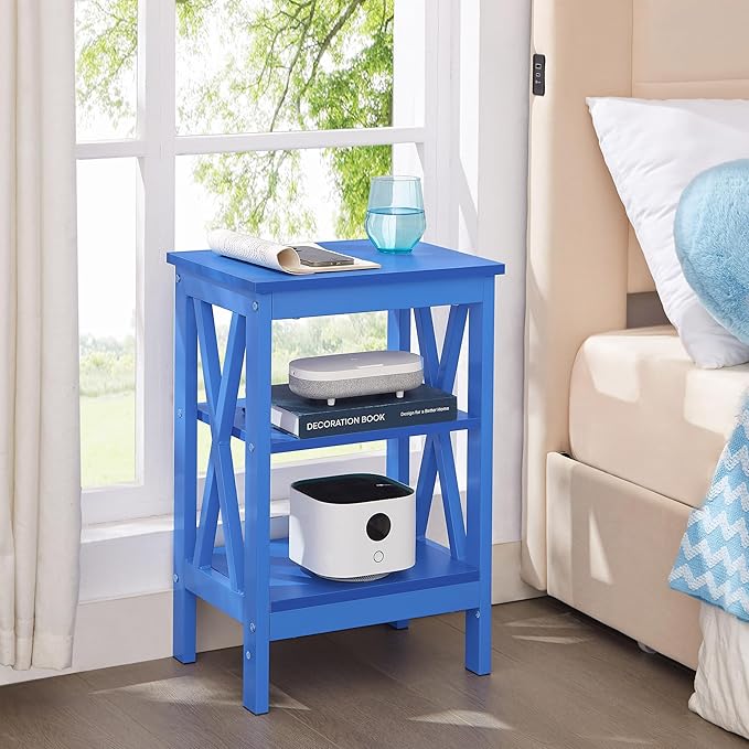 VECELO End Table, Bedside Table, 24" Tall Living Room End Tables, X-Design Reinforced Nightstands, Side Table with 3-Tier Storage Shelves for Small Spaces, Office, Bathroom, Bedroom, Dark Blue