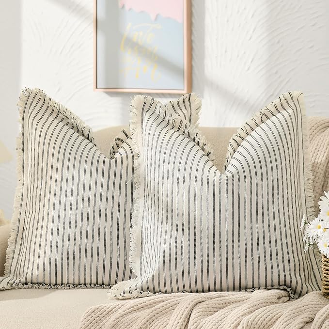 ZWJD Throw Pillow Covers 26x26 Set of 2 Striped Pillow Covers with Fringe Chic Cotton Decorative Pillows Square Cushion Covers for Sofa Couch Bed Living Room Farmhouse Decor