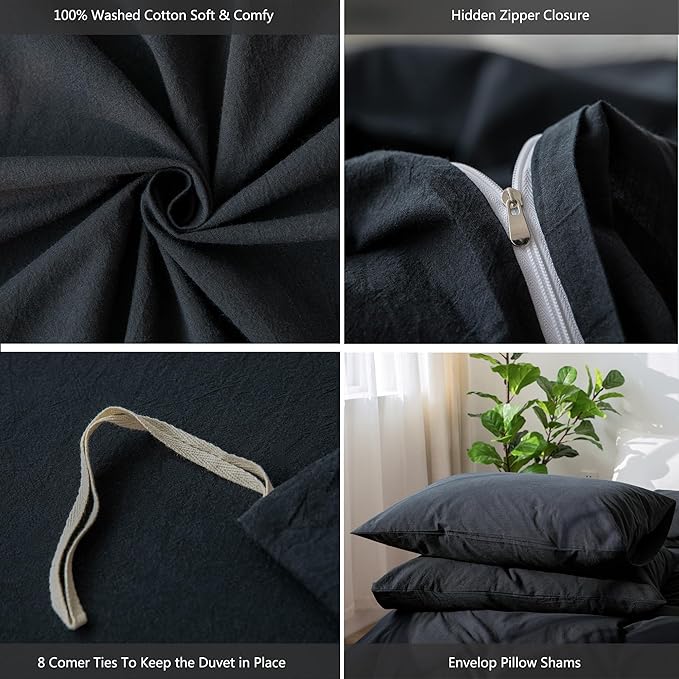 MooMee Bedding Duvet Cover Set 100% Washed Cotton Linen Like Textured Breathable Durable Soft Comfy (Solid Black, Queen 90"x90")