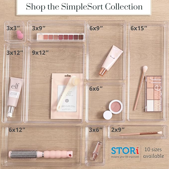 STORi SimpleSort 2-Piece Stackable Clear Drawer Organizer Set | 12" x 9" x 2" Rectangle Trays | Wide Makeup Vanity Storage Bins and Office Desk Drawer Dividers | Made in USA