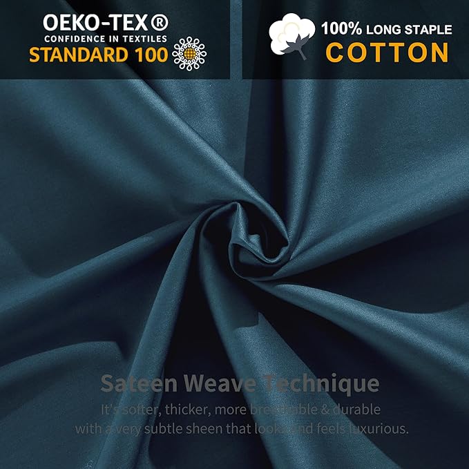 MILDLY 100% Long-Staple Cotton Duvet Cover Peacock Blue Morden Sateen Weave Luxury Comforter Cover Set King Size with Zipper Closure & Corner Tie (No Comforter)