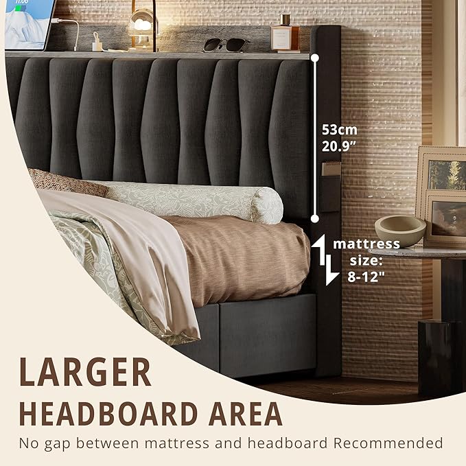 ANCTOR Twin Bed Frame with 3 Drawers, Upholstered Platform Bed with Storage Headboard and Charging Station, No Box Spring Needed, Easy Assembly, Grey