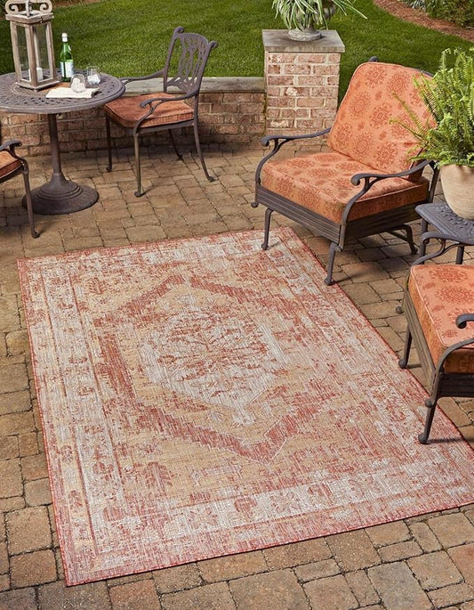 Unique Loom Outdoor Traditional Collection Area Rug - Valeria (4' 1" x 6' 1" Rectangle, Rust Red/ Ivory)
