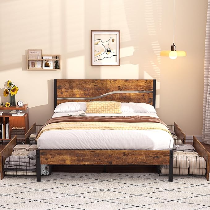 VECELO Full Platform Bed Frame with 4 Drawers and Vintage Wood Headboard, Large Storage, Strong Metal Slats Support, No Box Spring Needed, Rustic Brown