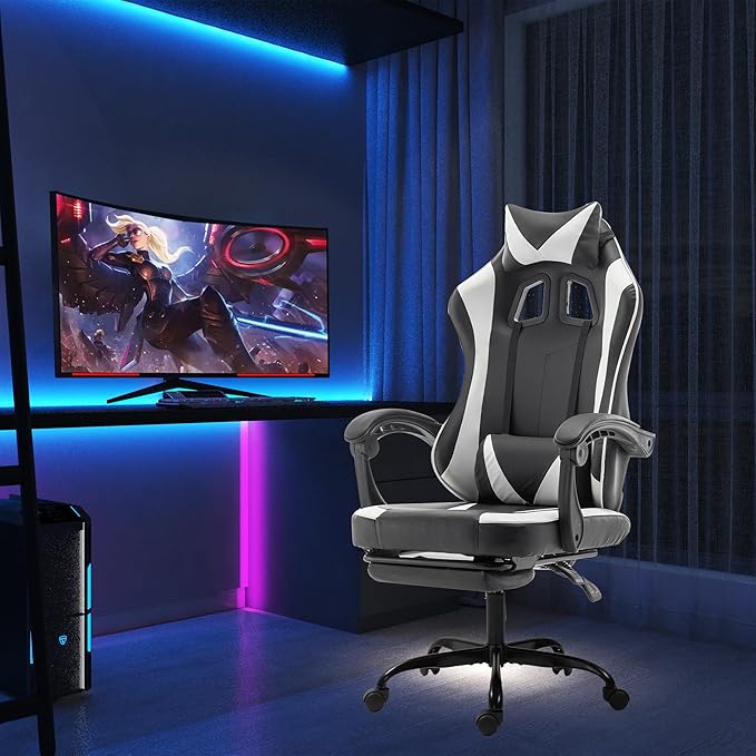 Gaming Chair,Big and Tall Massage Video Game Chairs,Lumbar Support Footrest Padded Armrest Adjustable Height Swivel,300lb Capacity, Comfy Racing Gaming Chairs for Adult Kids (White)