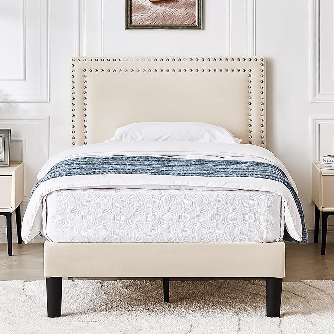 VECELO Twin Size Platform Bed Frame with Adjustable Upholstered Headboard, Nailhead Decor, Strong Wood Slat Support, No Box Spring Needed, Easy Assembly