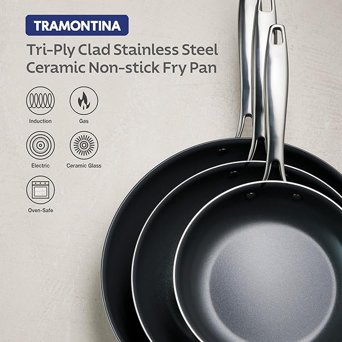 Tramontina Signature 10-Inch Tri-Ply Clad Stainless Steel Frying Pan with Ceramic Non Stick Interior, Induction-Ready Nonstick Skillet, Oven-Safe, Dishwasher-Safe