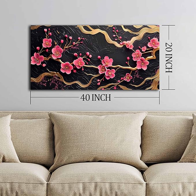 CANEITO Flower Wall Art for Bedroom, Plum Blossom Tree Canvas Wall Decor for Living Room, Red Black and Gold Picture Print Artwork for Office, Size 40 x 20 Inches