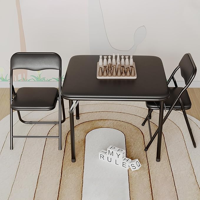 GarveeHome Boys and Girls Folding Table and Chair Set of 3, Featuring a Portable Table and Chairs with Soft Pu Cushions. No Assembly is Required, Perfect for Eating, Reading and Playing, Black.