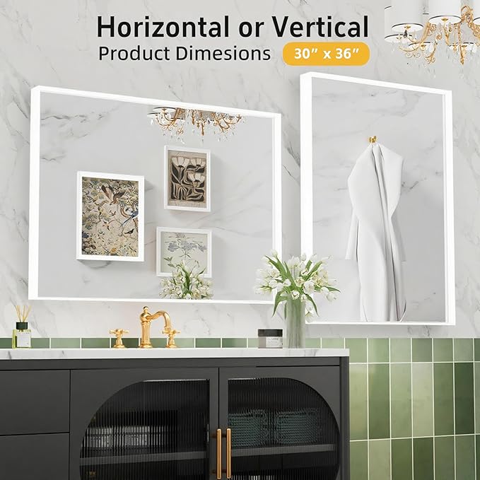 36x30 Inch White Bathroom Mirrors for Over Sink, Rectangle Framed Mirror, Wall Mounted Vanity Mirror for Bedroom, Living Room, Entryway Horizontal/Vertical