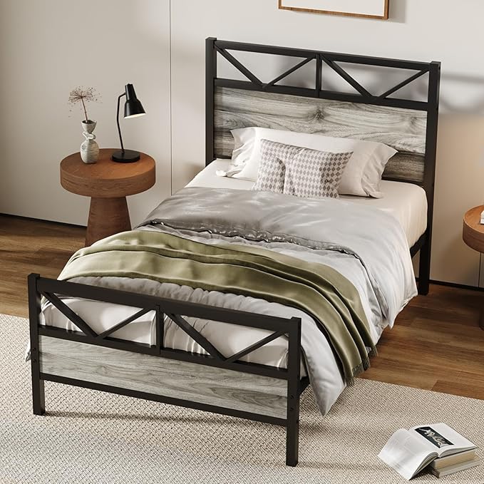 Twin Bed Frames, Bed Frame Twin Size with 51.2" Tall Industrial Headboard, Twin Platform Bed Frame with Heavy Duty Steel Slats Support, Noise Free, No Box Spring Needed, Easy Assembly, Rustic Brown