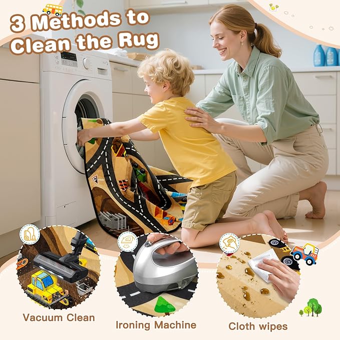 Kids 4x6 Ft Construction Site Car Rug - Extra Thick (0.4in),Tufted Wool & Rubber, Non-Slip, Stain & Fade Resistant, Machine Washable, Rustic Cartoon Construction Site Pattern