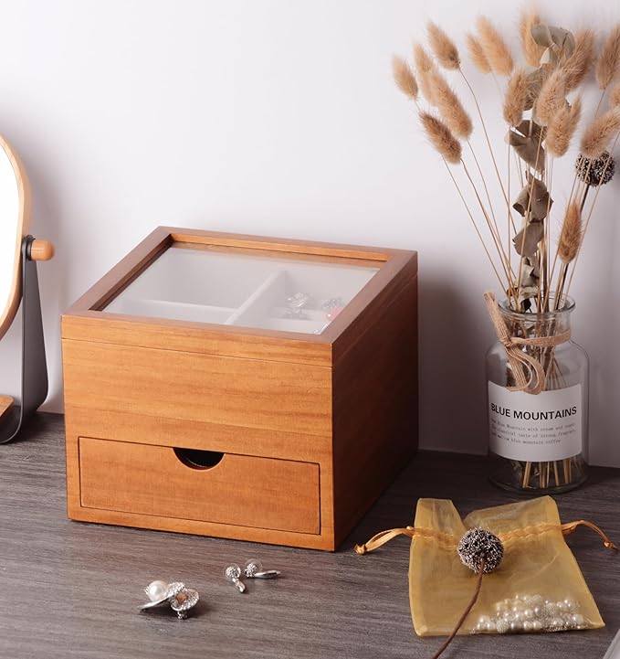 Jewelry Box with Glass Lid, 2 Layer Jewelry Organizer for Women, Solid Wooden Jewelry Box Display for Ring Earrings Necklace Bracelet, Pine Wood Jewelry Boxes Vintage Style for Gifts