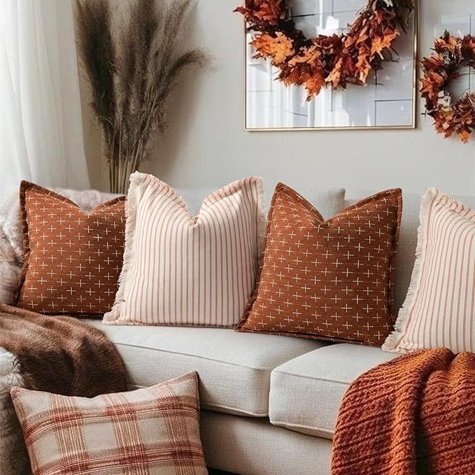 ZWJD Throw Fall Pillow Covers 24x24 Set of 2 Striped Pillow Covers with Fringe Chic Cotton Decorative Pillows Square Cushion Covers for Sofa Couch Bed Living Room Farmhouse Decor