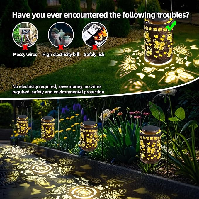 Upgraded Butterfly Solar Lights for Outside Garden Decor, Hanging Solar Lanterns Outdoor Waterproof Metal Butterfly Decorations for Patio, Yard, Pathway, Porch, Birthday Gifts for Women