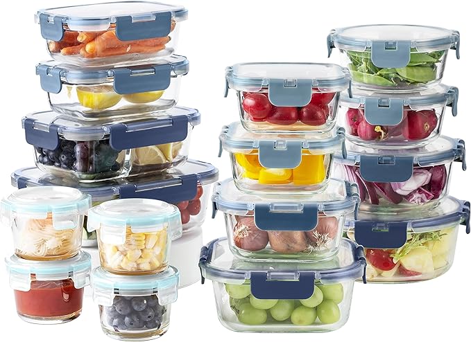 COOK WITH COLOR Premium 32-Pc. Borosilicate Glass Food Container Set with Dividers - 4 Rectangles, 8 Rounds, 4 Squares - Leakproof Lids - Meal Prep, Storage, Ombre Blue