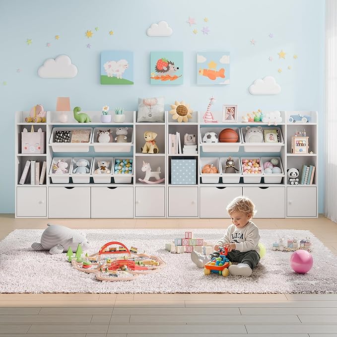 Xilingol Kids Toy Storage Organizer W/6 Removable Toy Bins, 4-Tier Toy Organizers W/6 Storage Cubbies and 2 Movable Drawers, Kid Bookshelf and Toy Storage for Playroom, Bedroom, Kids Room (White)