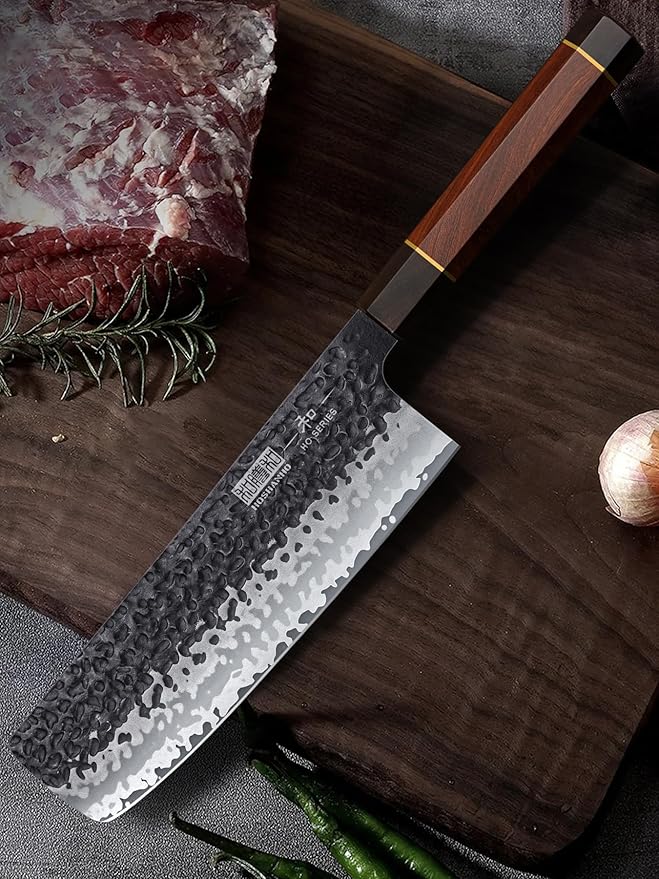 7 Inch Nakiri Knife, Japanese Hand Forged Asian Chopping Chef Knife, Professional Meat Vegetable Cleaver Kitchen Knife with Ergonomic Handle