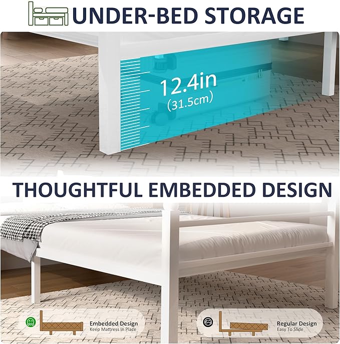 Twin Bed Frame with LED Lights & Charging Station, Metal Platform Bed with Headboard, Heavy Duty Metal Slats, No Box Spring Needed, Noise Free, Easy Assembly, White