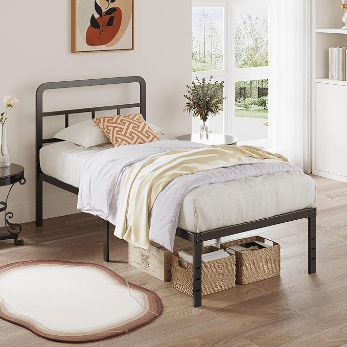 16 Inch Twin XL Bed Frame with Headboard No Box Spring Needed Metal Platform Heavy Duty Steel Slat Mattress Foundation/Easy Assembly/No Noise/Black