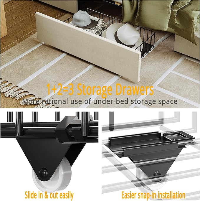 ANCTOR Full Size Bed Frame with 3 Drawers, Upholstered Platform Bed with Storage Headboard and Charging Station, No Box Spring Needed, Easy Assembly, Beige