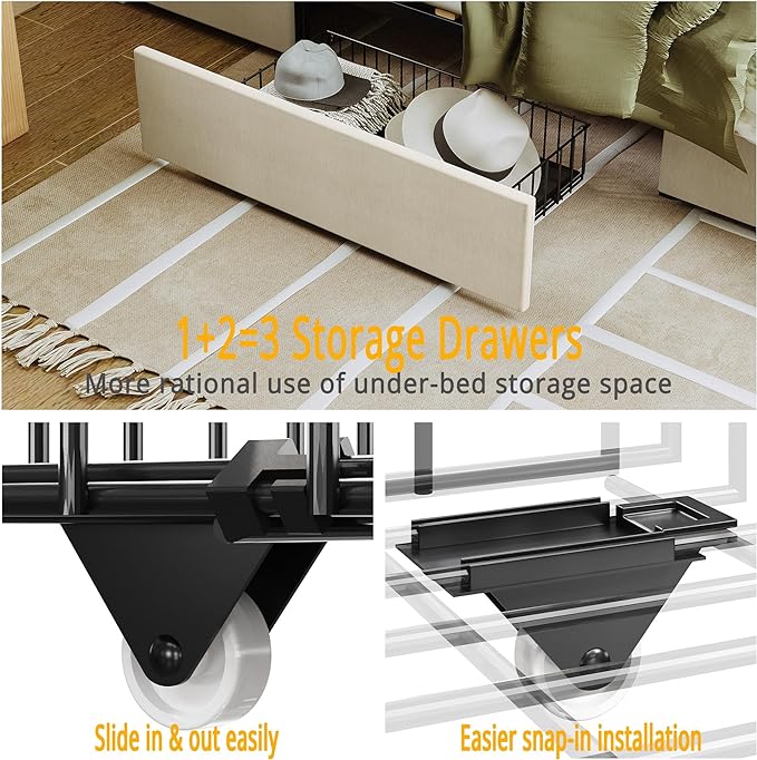 ANCTOR King Size Bed Frame with Storage Headboard and Charging Station, Upholstered Platform Bed with 3 Drawers, No Box Spring Needed, Easy Assembly, Beige