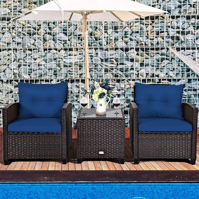 Tangkula 3 Pieces Patio Furniture Set, PE Rattan Wicker 3 Pcs Outdoor Sofa Set w/Washable Cushion and Tempered Glass Tabletop, Conversation Furniture for Garden Poolside Balcony (Blue)