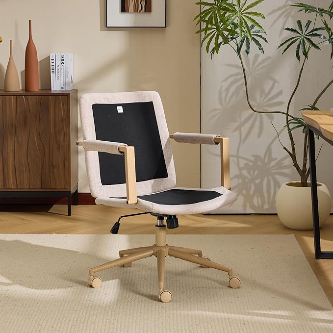 VINGLI Comfy Linen Office Desk Chair with Wheels & Detachable Cushions & Wood-Like Armrests,Swivel Small Computer Task Chair,Adjustable for Girl Makeup Vanity,Teen/Kids Study,Nail Tech,Sewing,Khaki