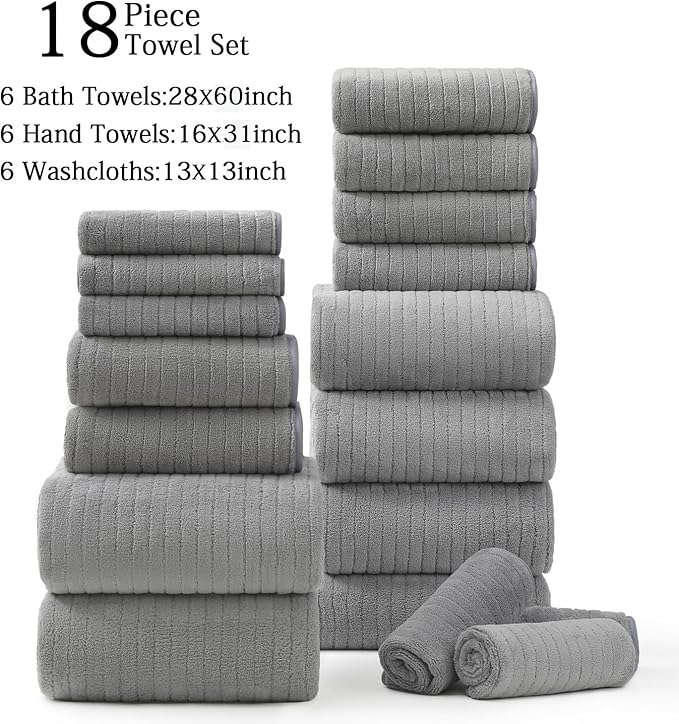 18 Piece Family Bath Towel Set Include 6 Bath Towels,6 Hand Towels and 6 Washcloths Soft Bathroom Towel with Hanging Loops,Highly Absorbent Quick Dry Towels Set for Bathroom,Hotel and Spa-Grey