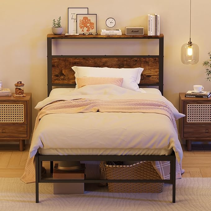 Weehom Twin Bed Frames with Headboard Shelf - Modern Twin Size Bed Frames with Wood Headboard, No Box Spring Needed Metal Platform Bed, Rustic Brown