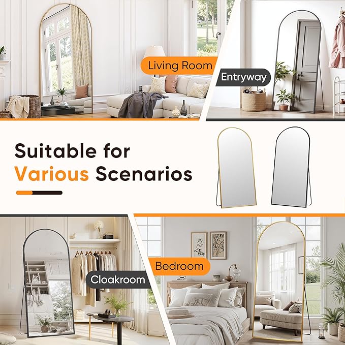 Suidia Full Length Mirror, 71"x28" Floor Standing Mirror Freestanding, Full Body Mirrors with Stand for Bedroom, Hanging Mounted for Living Room Cloakroom, Black, Arched Style