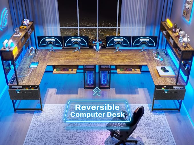 SEDETA L Shaped Computer Desk, Reversible Corner Desk with Power Outlet and Pegboard, Computer Desk with Led Lights, Keyboard Tray, Headphone Hook and Storage Shelves, Rustic Brown
