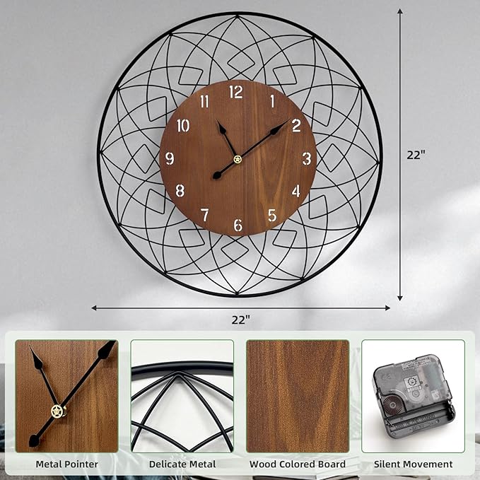22 Inch Wood Wall Clocks, Silent Non Ticking Battery Operated Rustic Round Modern Decorative Clock for Living Room, Bedroom, Kitchen, Farmhouse, Office, Home Decor