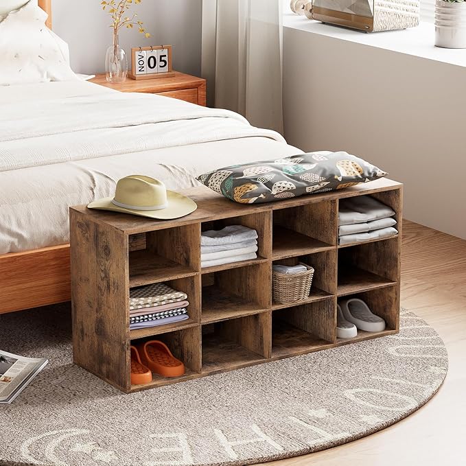 12-Cubby Shoe Rack, 3-Tier Wood Shoe Organizer, Multifunctional Shoe Organizer Bench for Entryway, Mudroom, Hallway, Closet,36.22 * 11.81 * 17.72 Inch,Brown