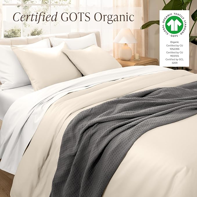 Bare Home 100% Organic Cotton Sateen Duvet Cover Set - Full/Queen Size - 400 Thread Count - Smooth Sateen Weave - Warm & Luxurious - Duvet Cover (Full/Queen, French Beige)