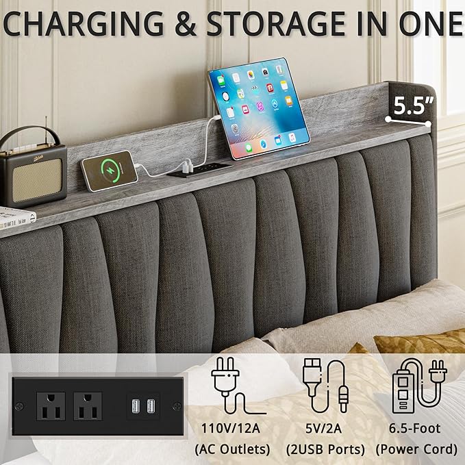 ANCTOR Full Size Bed Frame with 3 Drawers, Upholstered Platform Bed with Storage Headboard and Charging Station, No Box Spring Needed, Easy Assembly, Grey