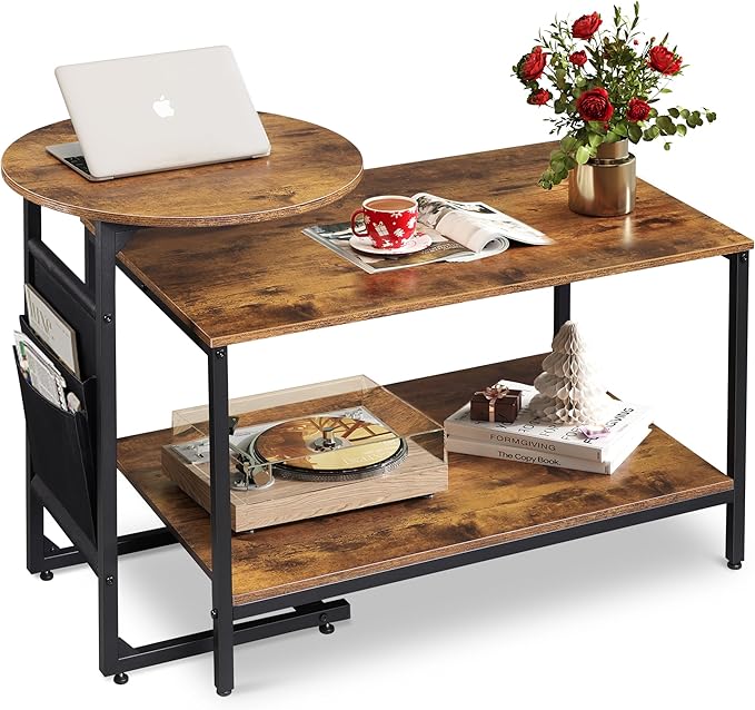 WLIVE Coffee Table, 31.3" and 18.7" Small Coffee Tables for Living Room, Modern Center Table and Side Table Set with Storage Side Pouch for Bedroom, Apartment, Rustic Brown