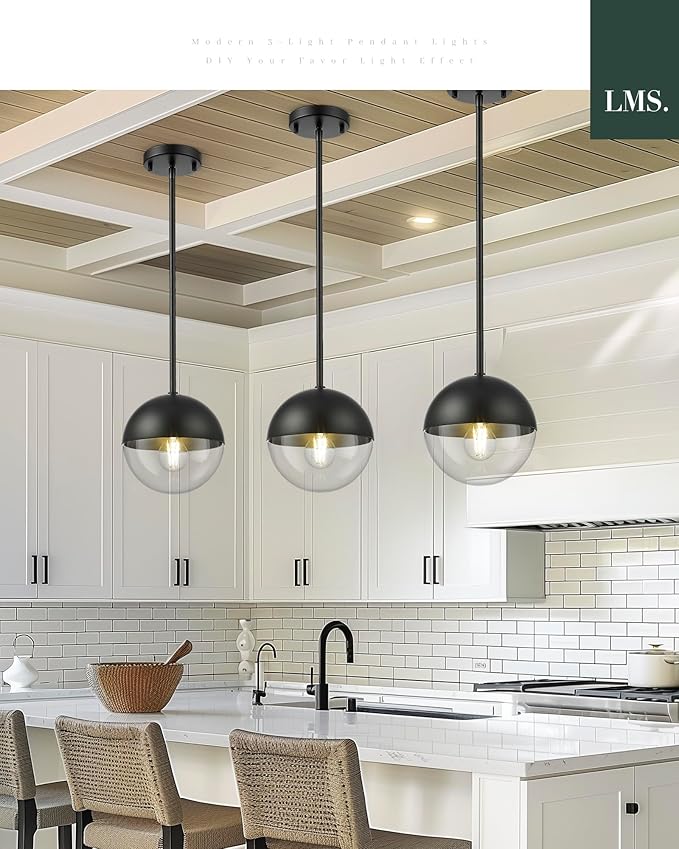 LMS Modern Pendant Lights, Matte Black Kitchen Island Pendant Light Fixtures, Adjustable Hanging Rod Ceiling Light for Dining Room Bathroom Bedroom, LMS-186BKC