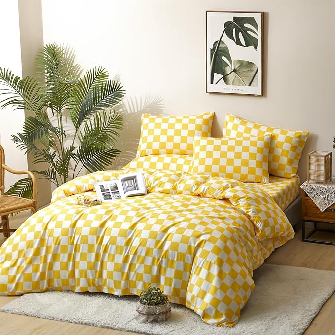 Yellow Checkered Comforter Set King - 3-Piece Bedding Set Lightweight All-Season Comforter with 2 Pillowcases Ultra Soft Microfiber Comforter
