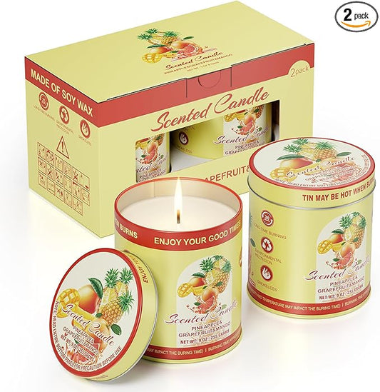 Pineapple Grapefruit Mango Scented Candles Set | 2 Pack 510g 8% Essential Oils 80H Burn | Smokeless Clean Burning Aromatherapy Tin Jar Candles for Home Relaxation, Yoga, Spa Gift for Men&Women