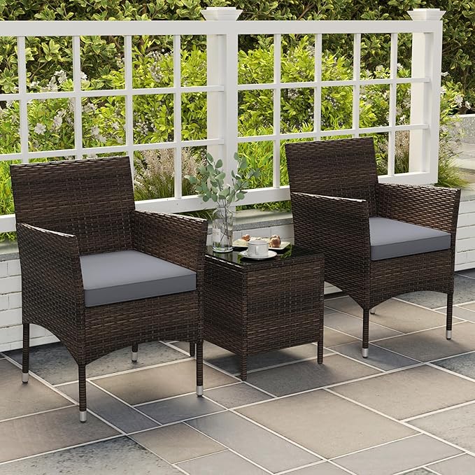 Tangkula 3 Pieces Patio Rattan Furniture Set, Outdoor Conversation Set with PE Wicker Armchairs, Tempered Glass Top Coffee Table, Soft Removable Cushions, for Porch Garden Yard Balcony (Grey)