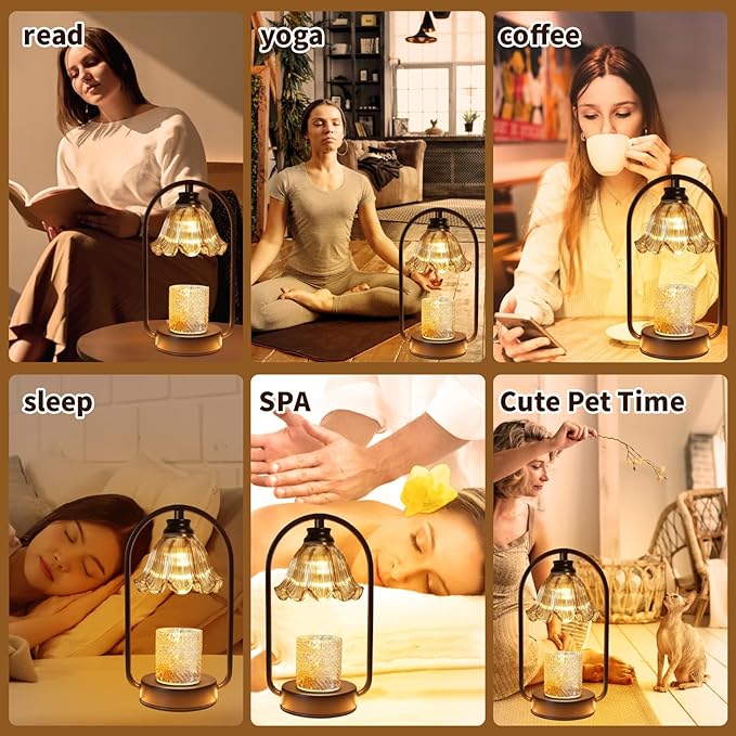 Candle Warmer Lamp with Timer: Black Metal Frame and 4 Dimmer, Heater Wax Warmer for Jar Scented, Home Décor and Housewarming & Birthday Gift for Mom Woman, 2 Bulbs (Crystal Flower & Gray)